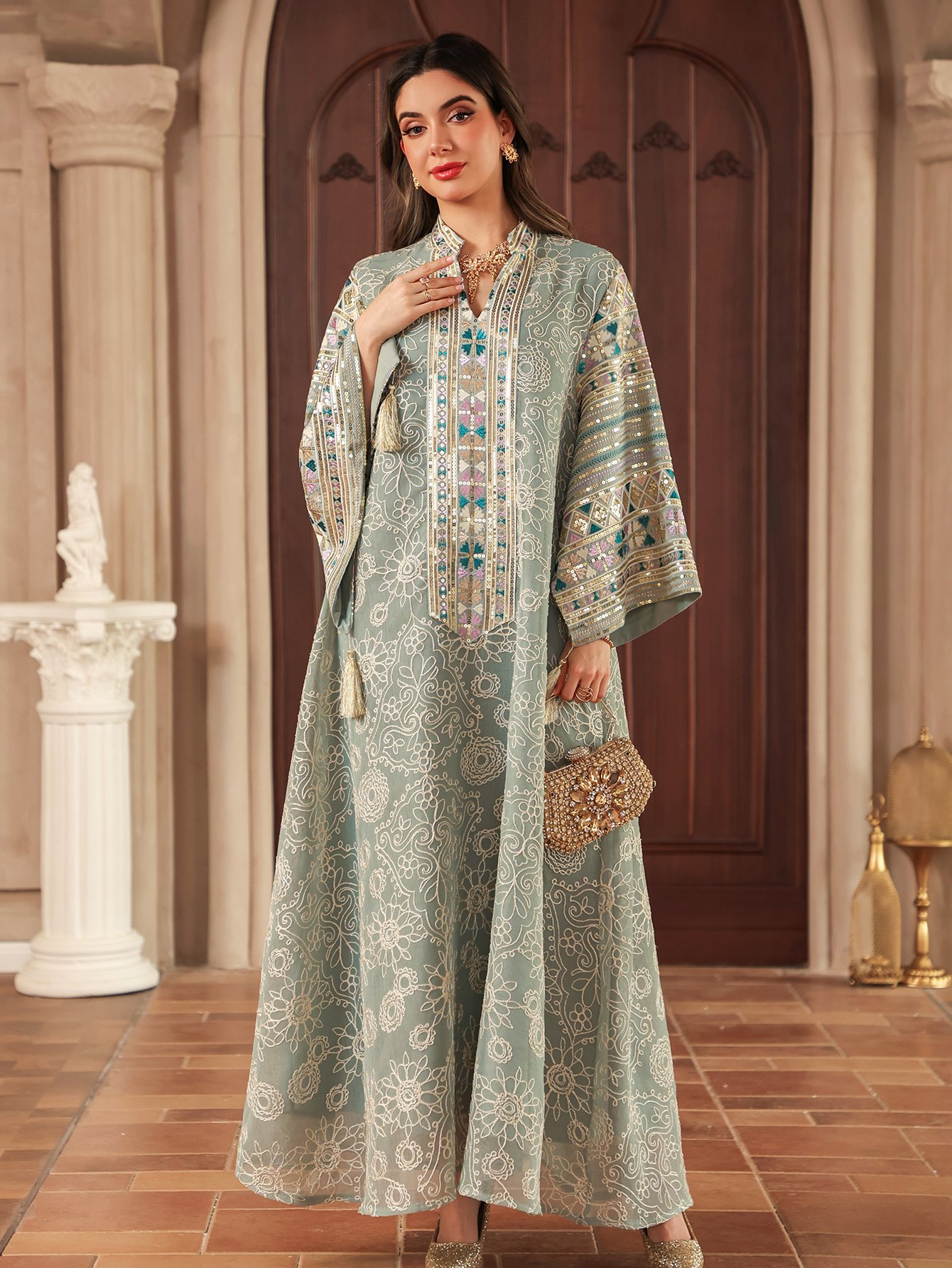 Teal Maxi Jalabiya with Intricate Embroidery