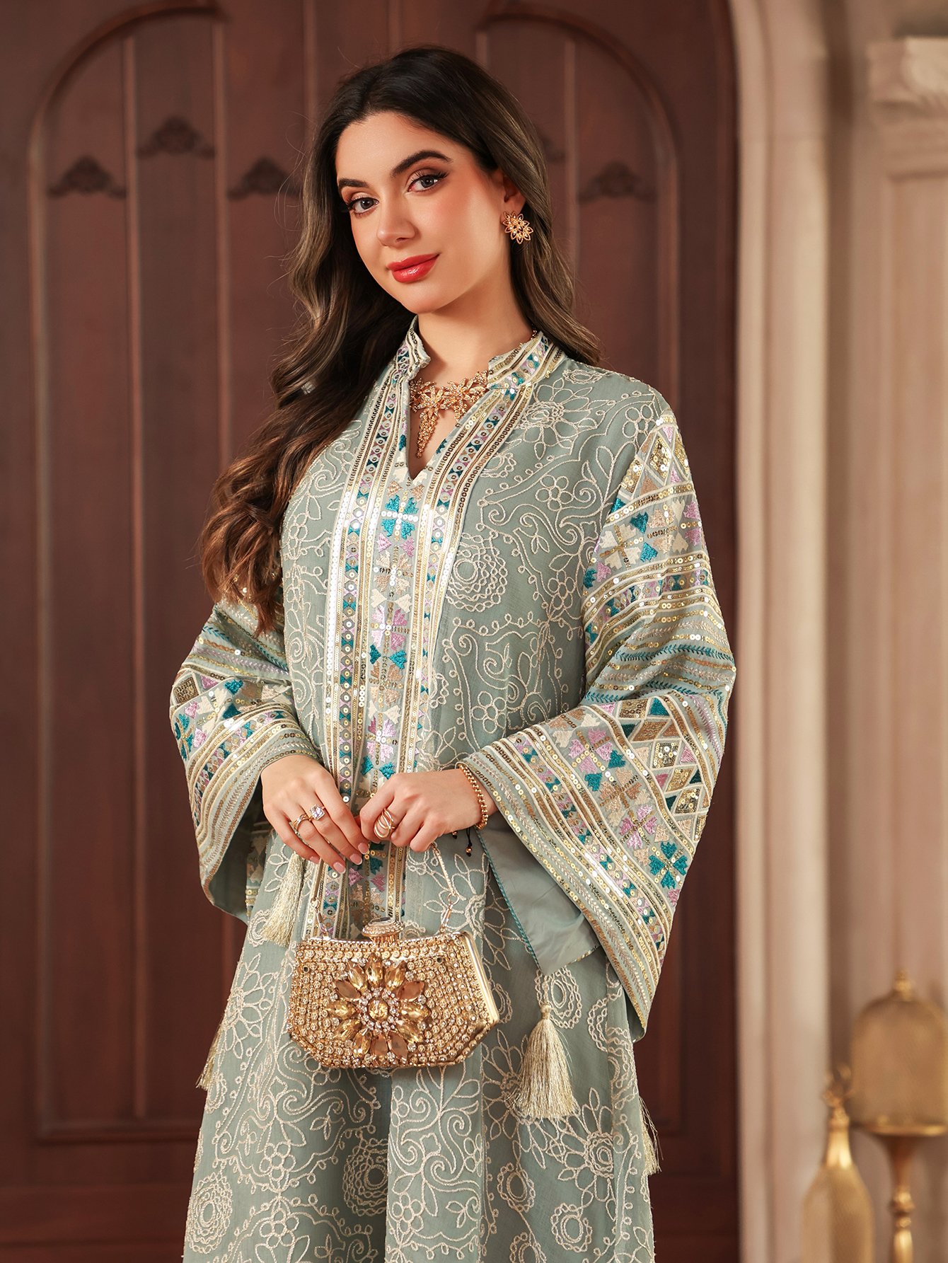Teal Maxi Jalabiya with Intricate Embroidery