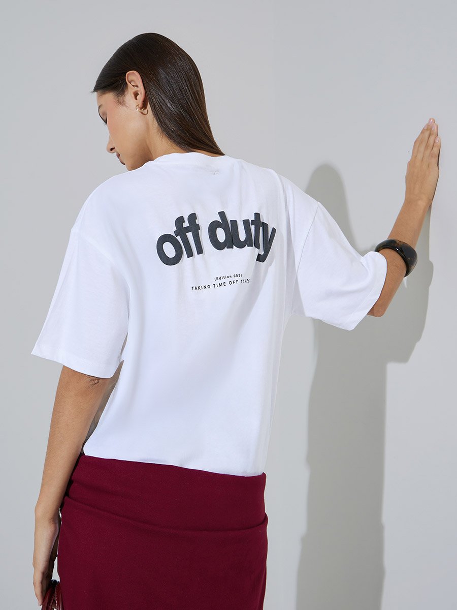 White Cotton Puff Print Oversized T-Shirt