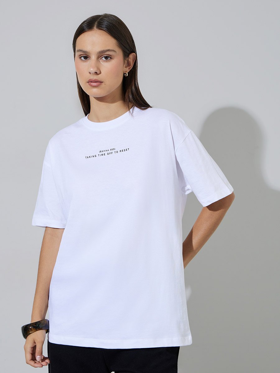 White Cotton Puff Print Oversized T-Shirt