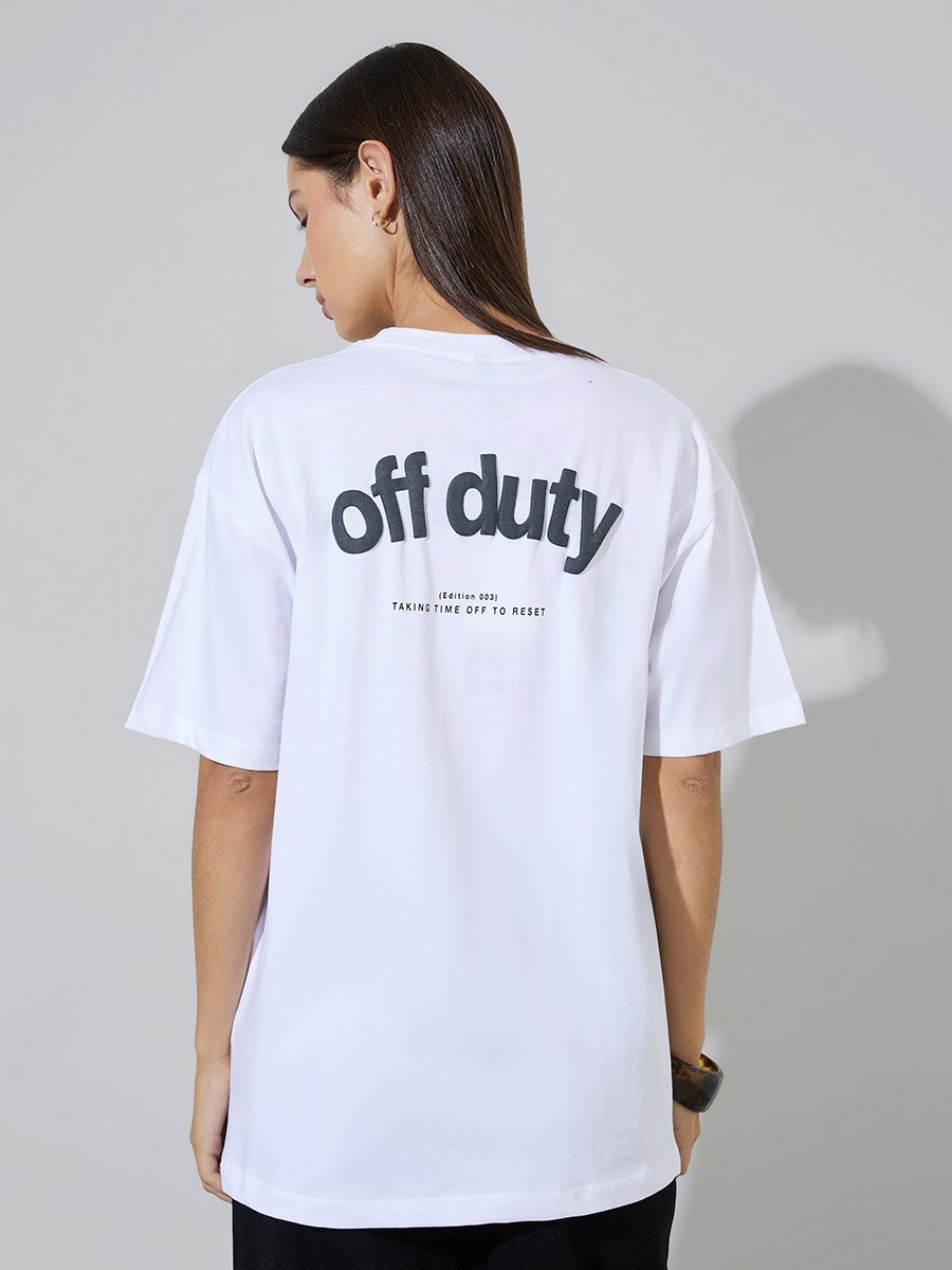 White Cotton Puff Print Oversized T-Shirt