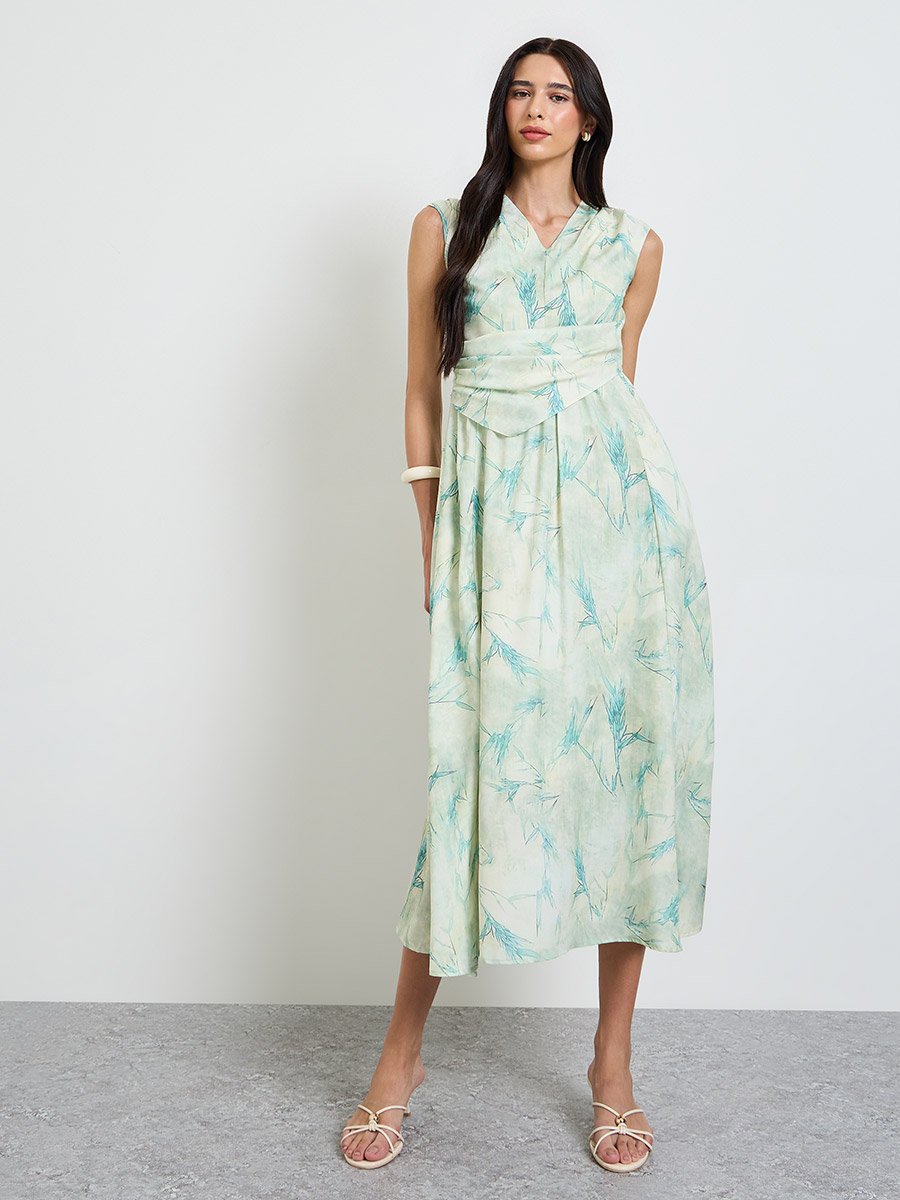 Floral Print Sleeveless A-Line Midi Dress