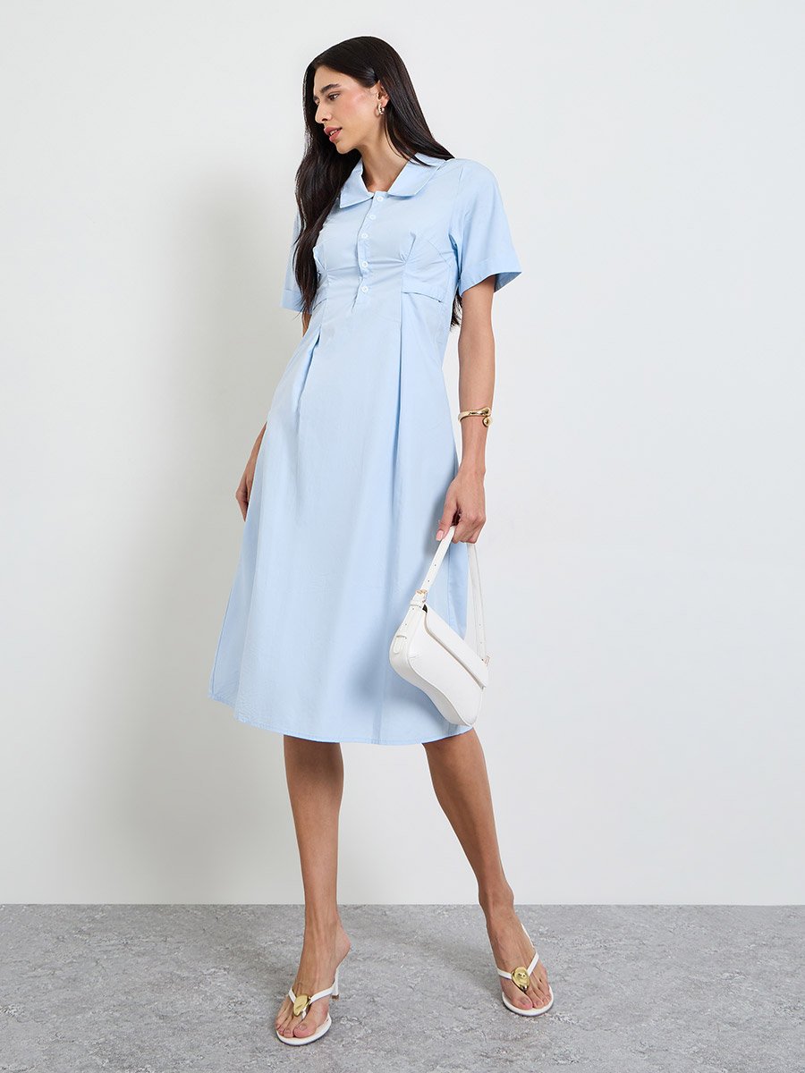 Blue Solid A-Line Midi Dress with Fold Pleat