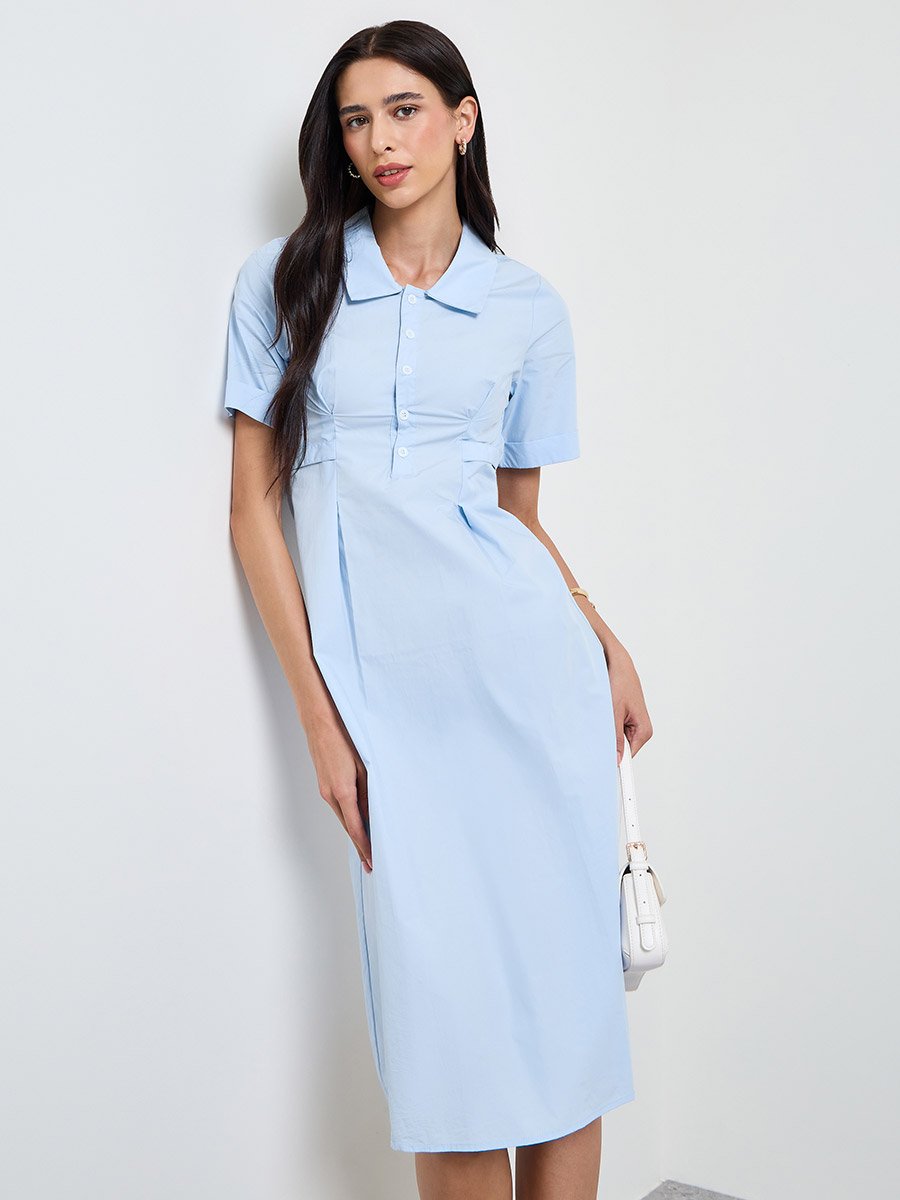 Blue Solid A-Line Midi Dress with Fold Pleat