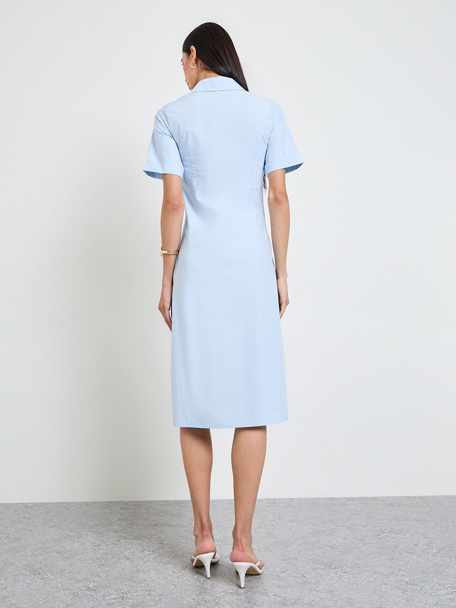 Blue Solid A-Line Midi Dress with Fold Pleat