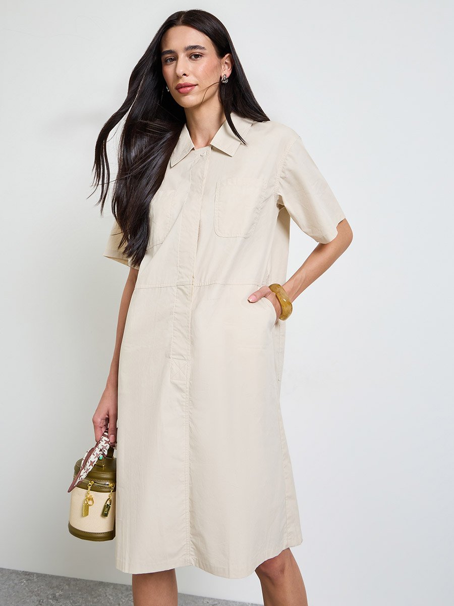 Beige Solid Short Sleeves Shirt Midi Dress 