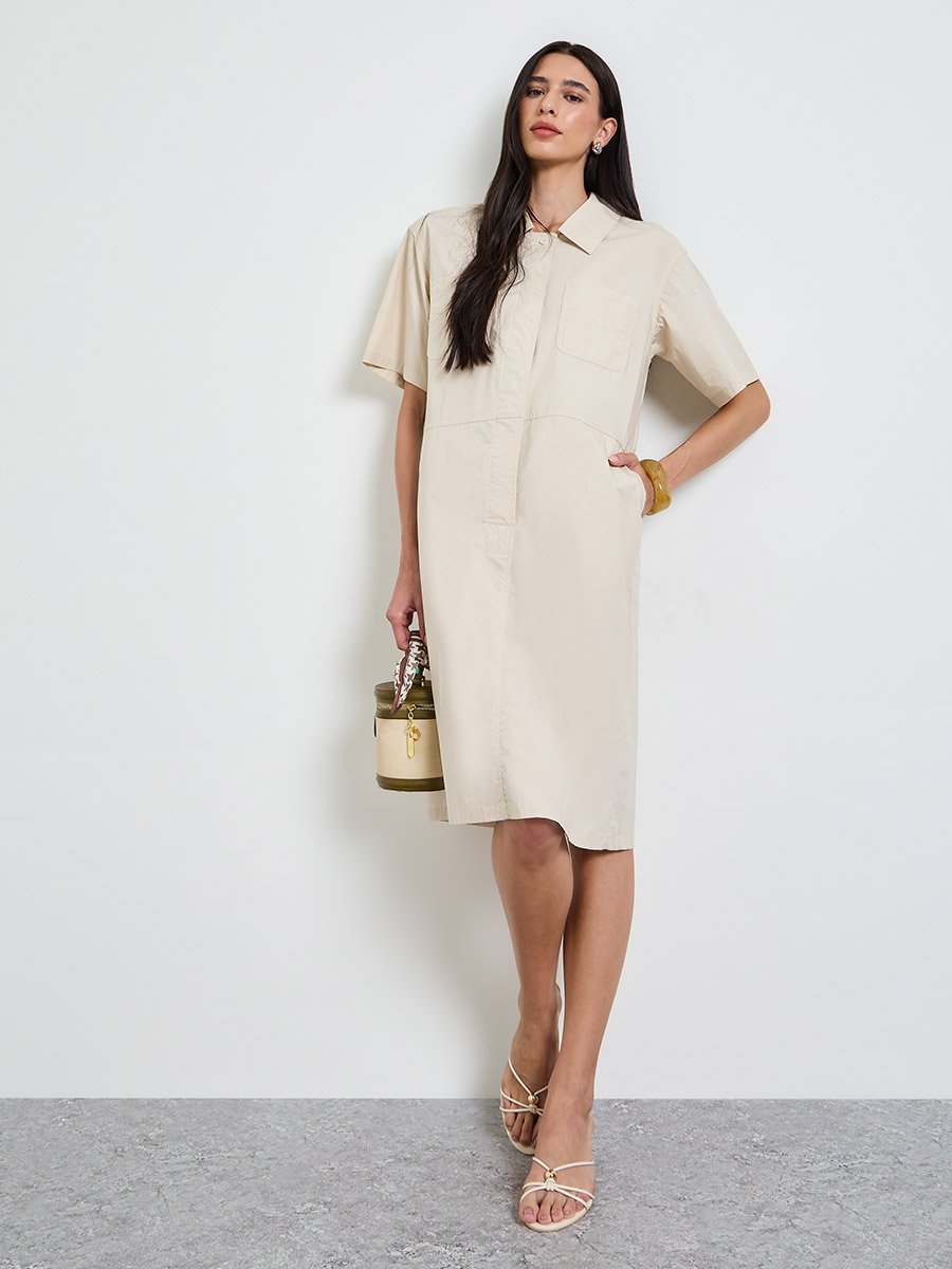 Beige Solid Short Sleeves Shirt Midi Dress 
