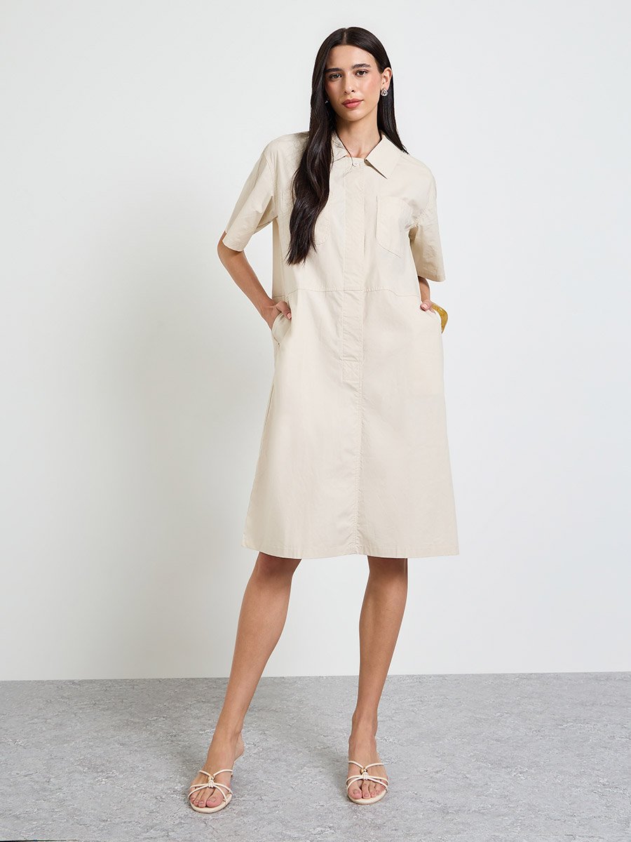 Beige Solid Short Sleeves Shirt Midi Dress 