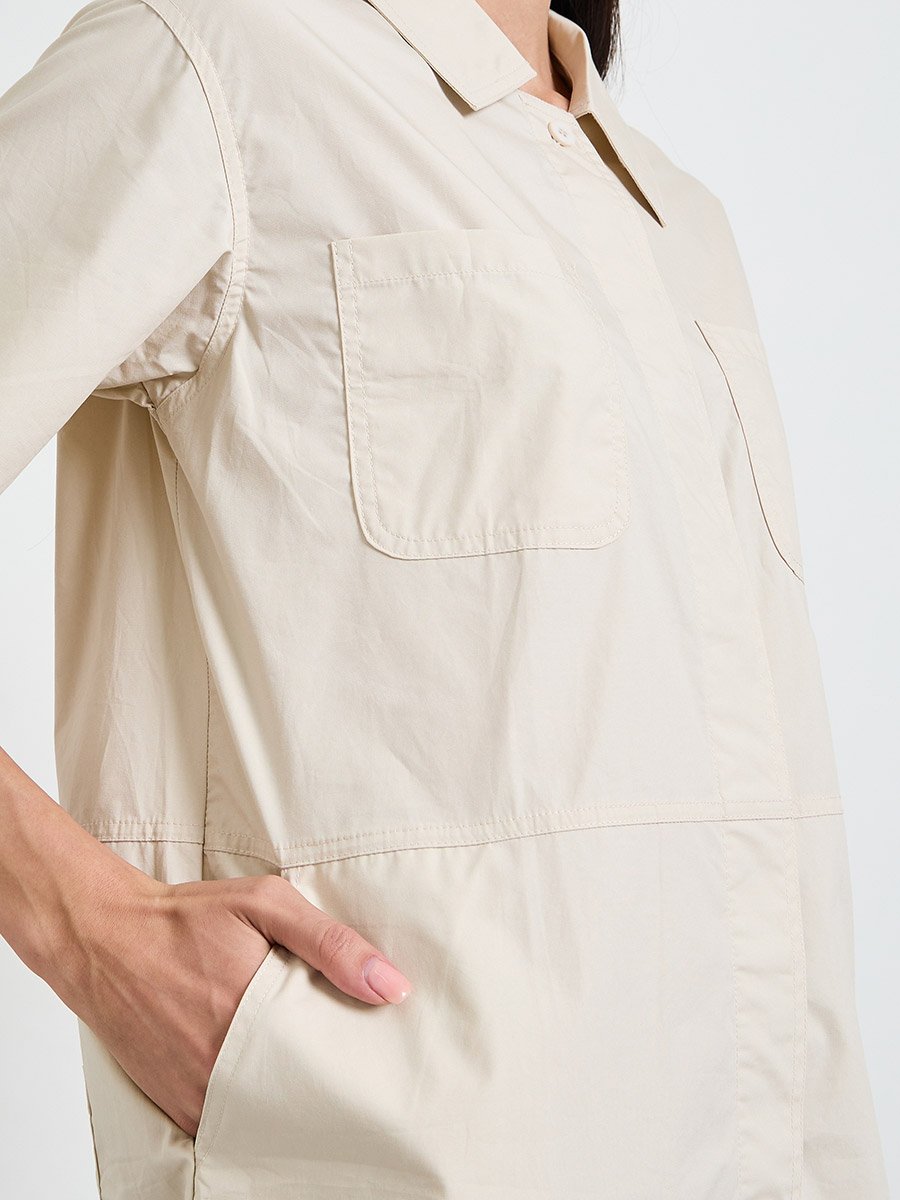 Beige Solid Short Sleeves Shirt Midi Dress 