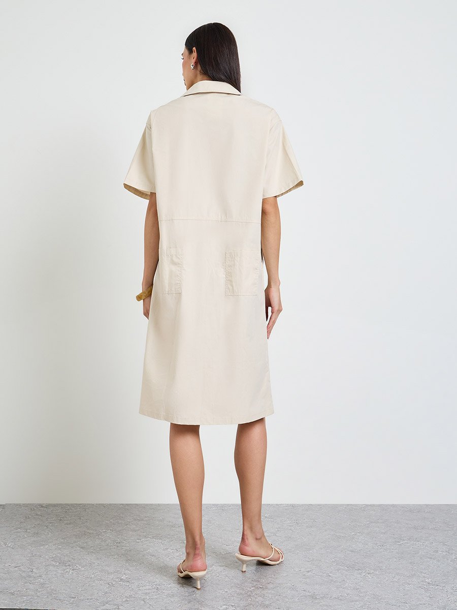 Beige Solid Short Sleeves Shirt Midi Dress 
