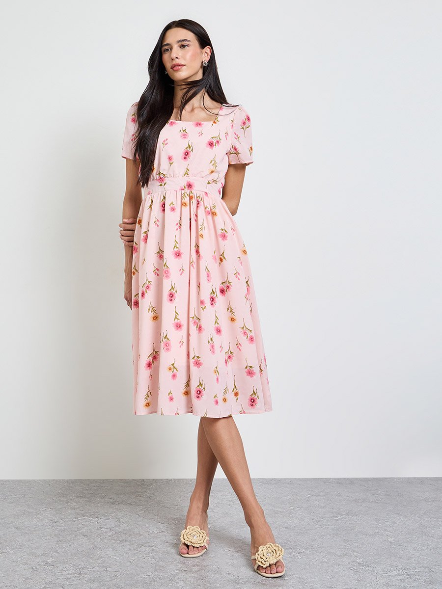 Pink Floral Print Square Neck A-Line Midi Dress