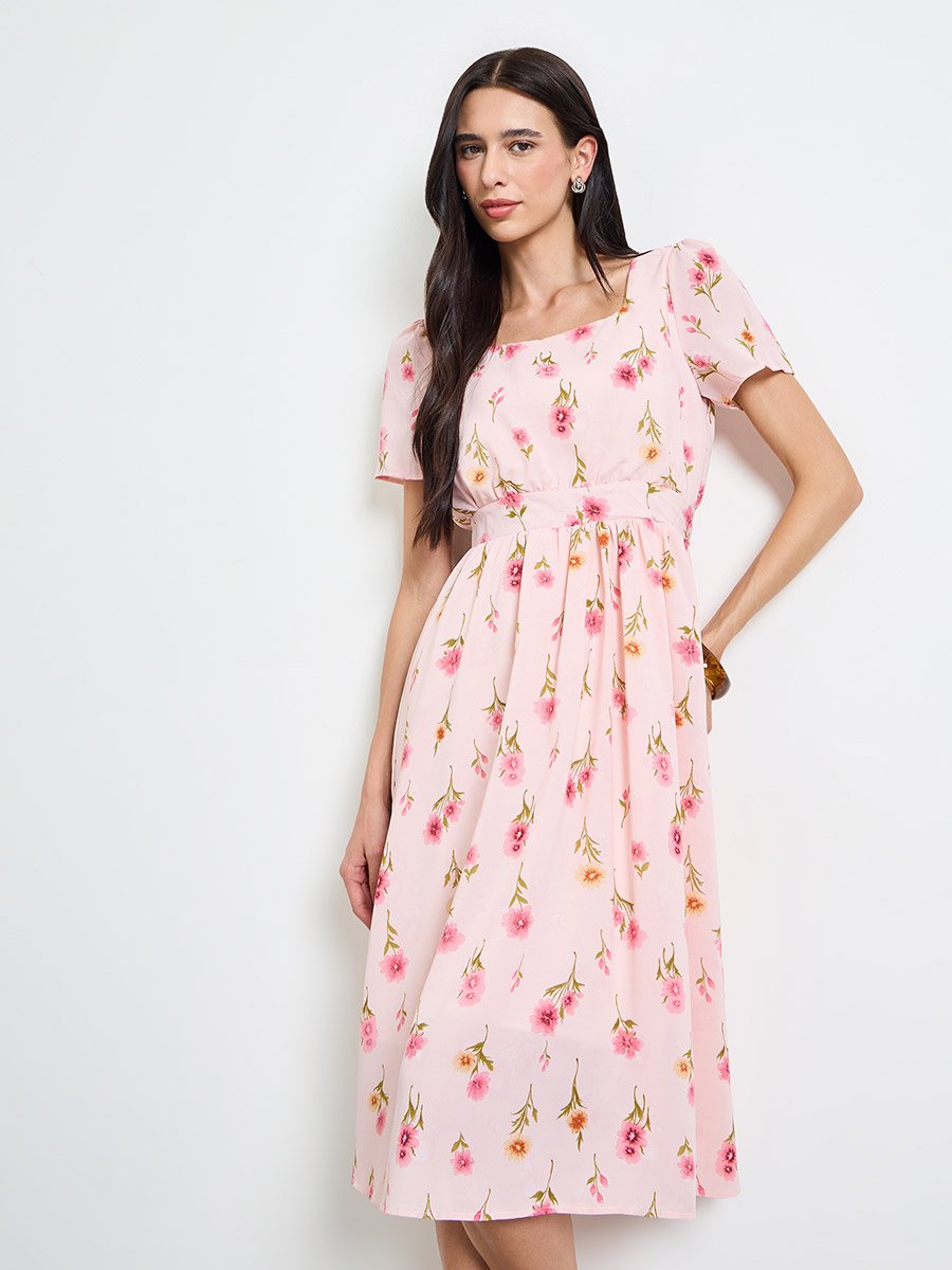Pink Floral Print Square Neck A-Line Midi Dress