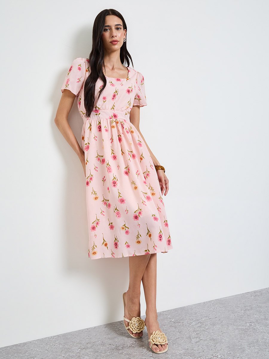 Pink Floral Print Square Neck A-Line Midi Dress