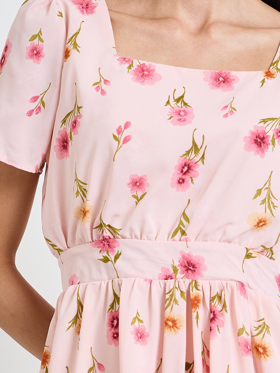 Pink Floral Print Square Neck A-Line Midi Dress