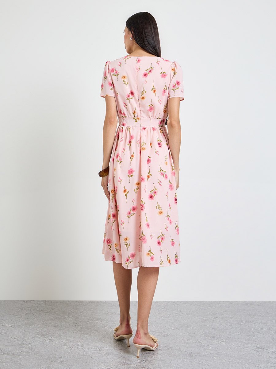 Pink Floral Print Square Neck A-Line Midi Dress