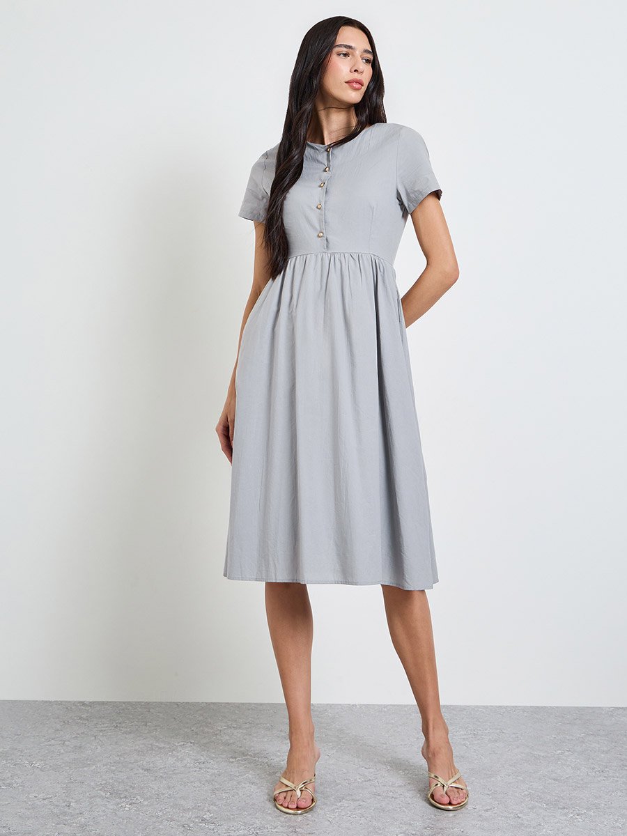 Grey Solid Short Sleeves A-Line Midi Dress