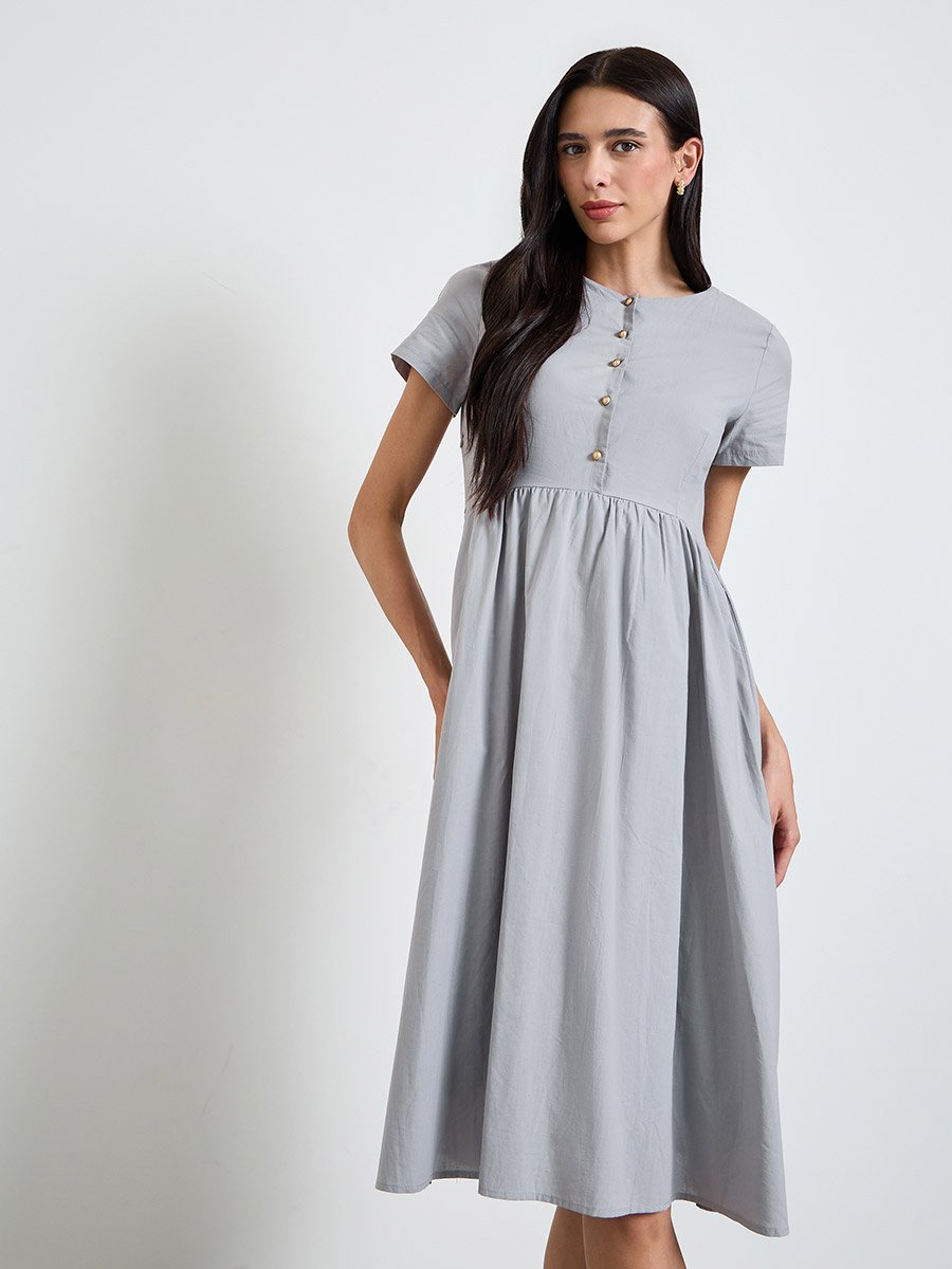 Grey Solid Short Sleeves A-Line Midi Dress