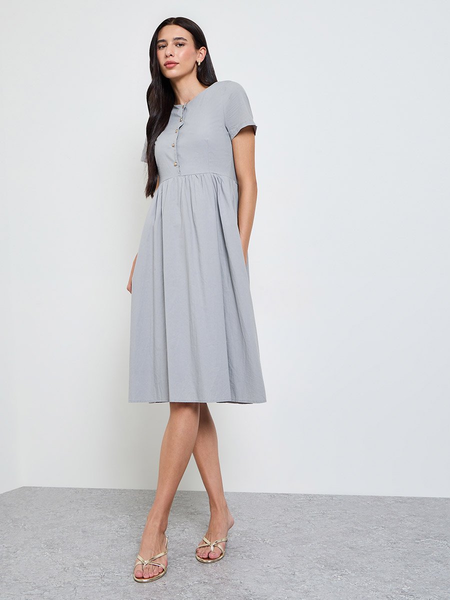Grey Solid Short Sleeves A-Line Midi Dress