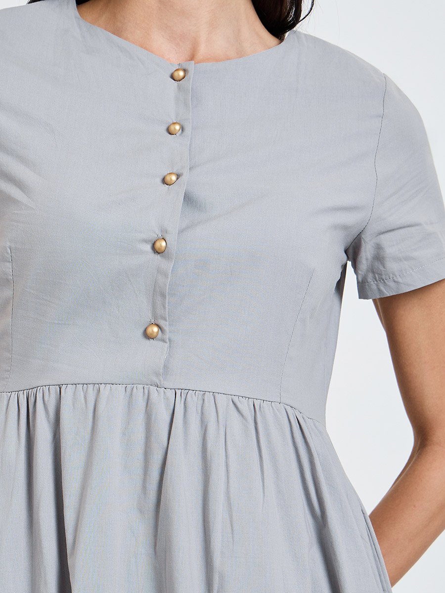 Grey Solid Short Sleeves A-Line Midi Dress