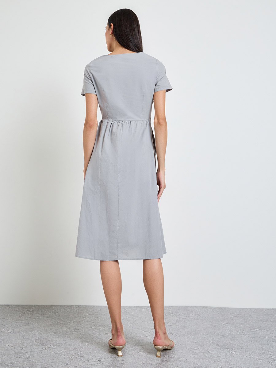 Grey Solid Short Sleeves A-Line Midi Dress