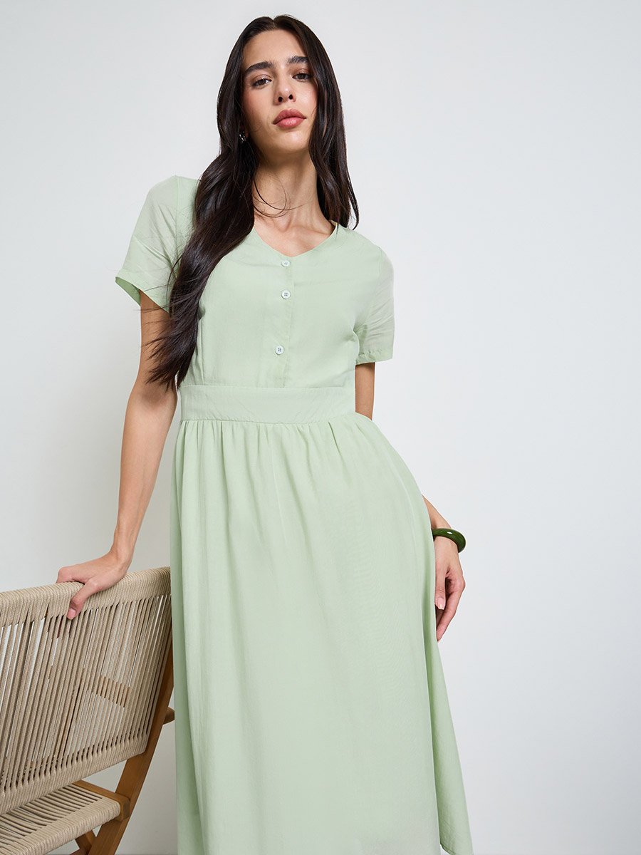 Green Solid V Neck A-Line Midi Dress