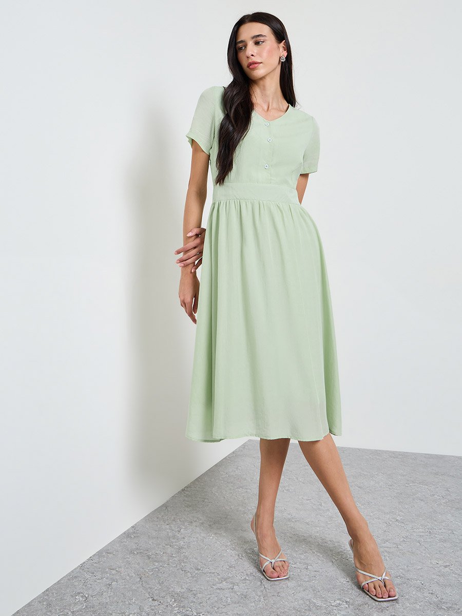 Green Solid V Neck A-Line Midi Dress
