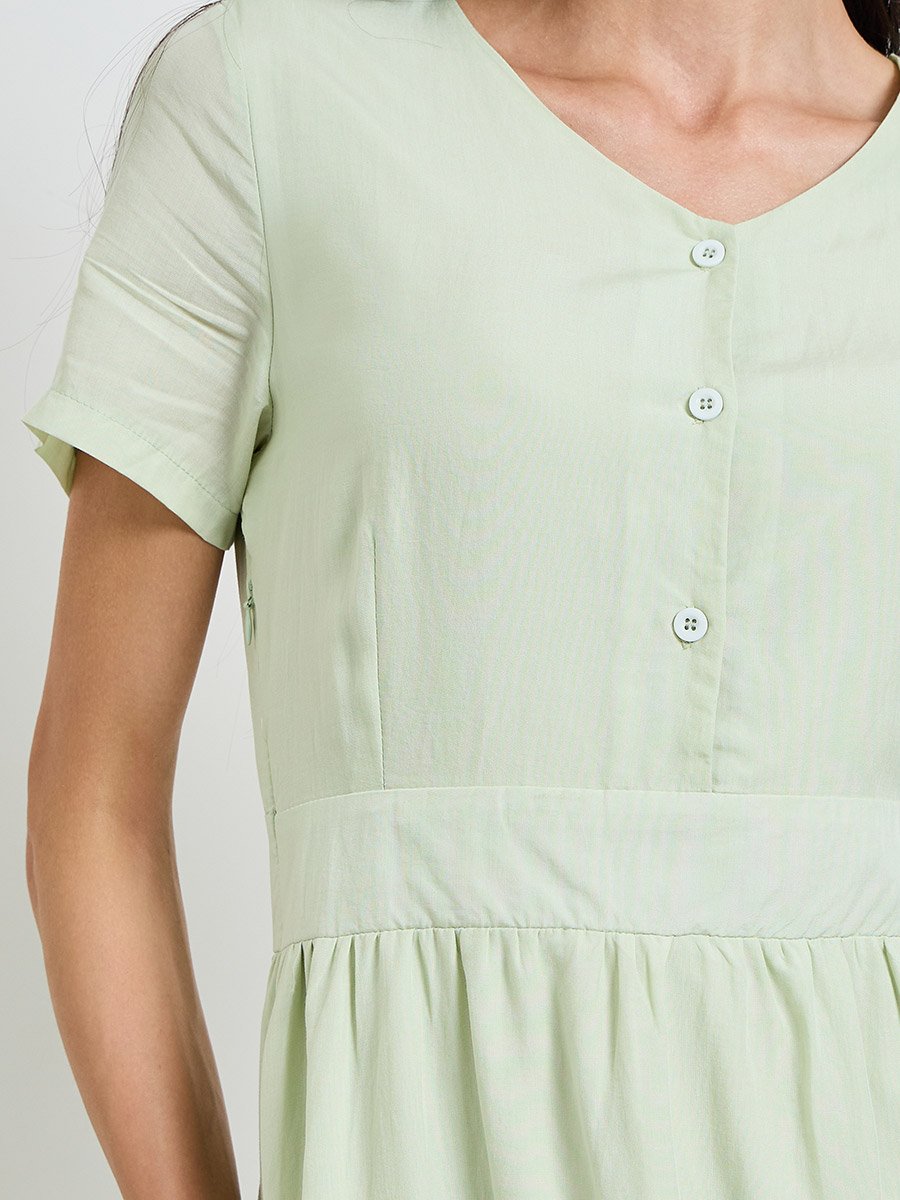 Green Solid V Neck A-Line Midi Dress