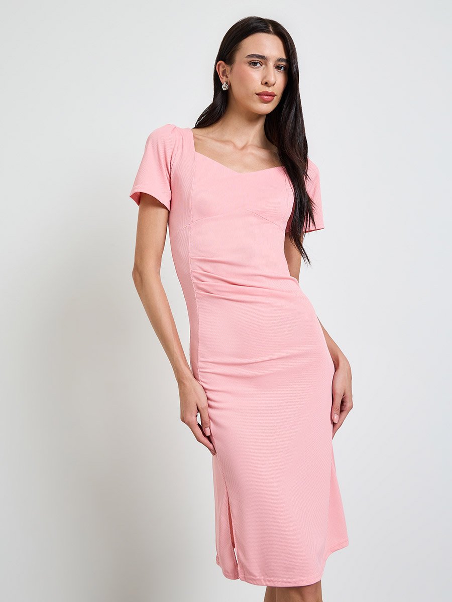 Pink Solid V Neck Bodycon Midi Dress