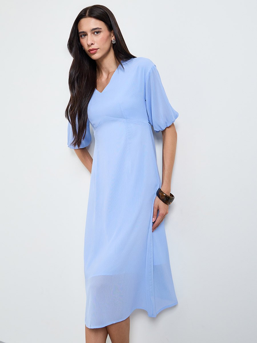 Blue Solid V Neck A-Line Midi Dress