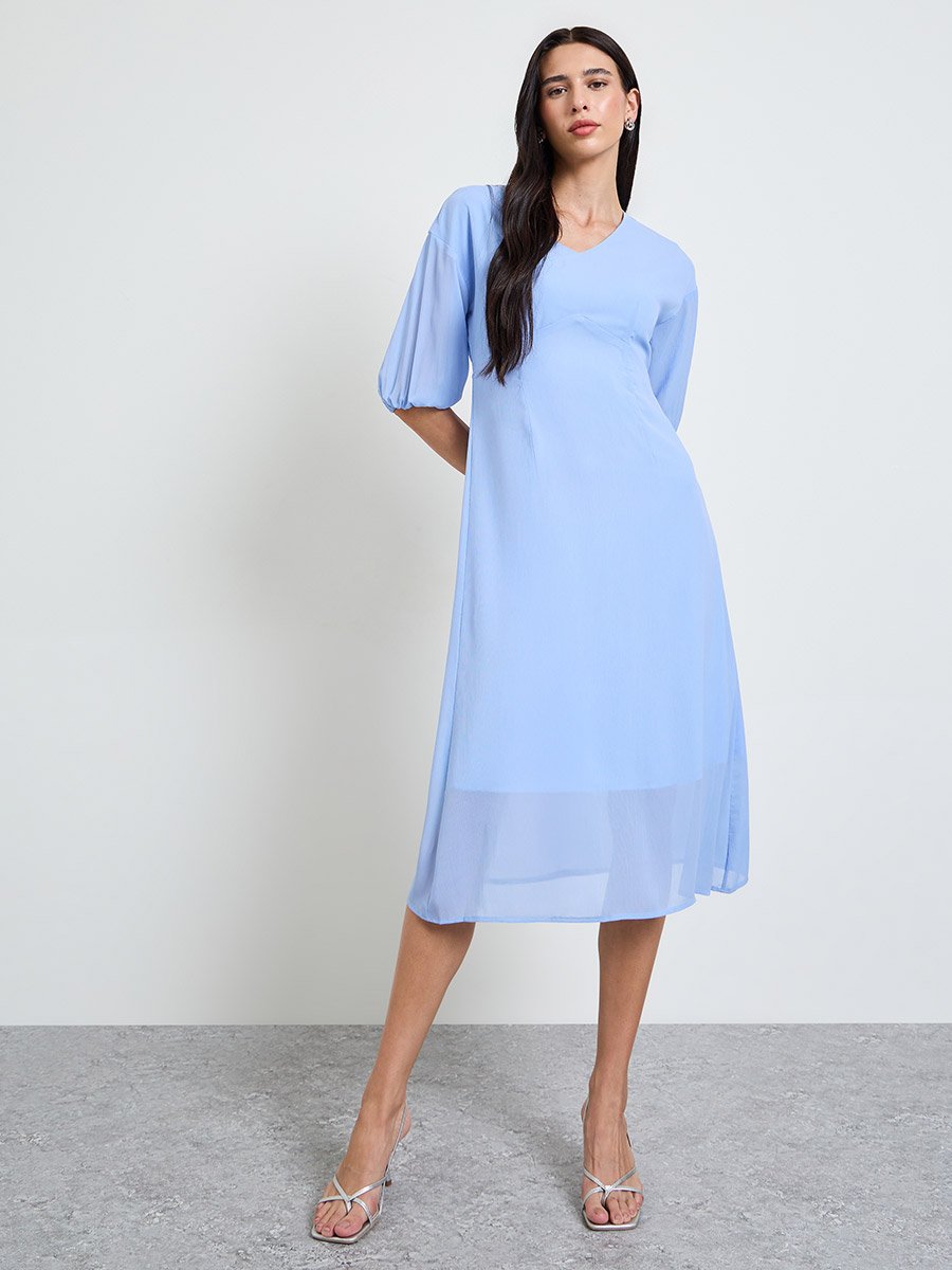 Blue Solid V Neck A-Line Midi Dress