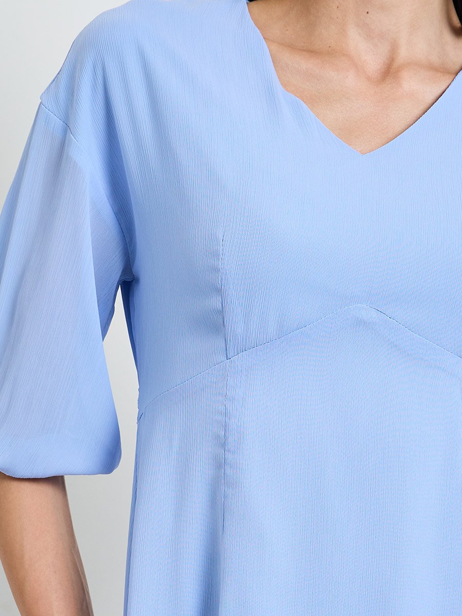 Blue Solid V Neck A-Line Midi Dress