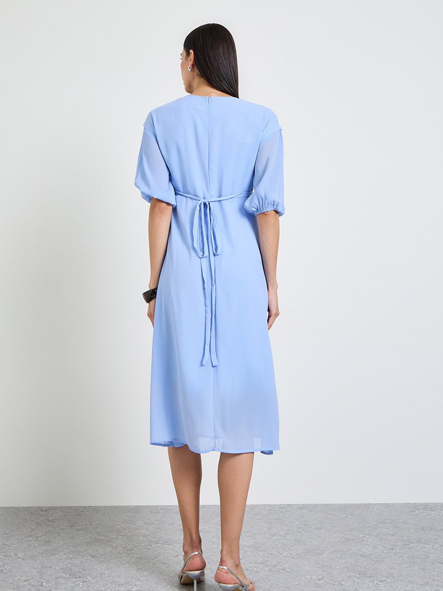 Blue Solid V Neck A-Line Midi Dress