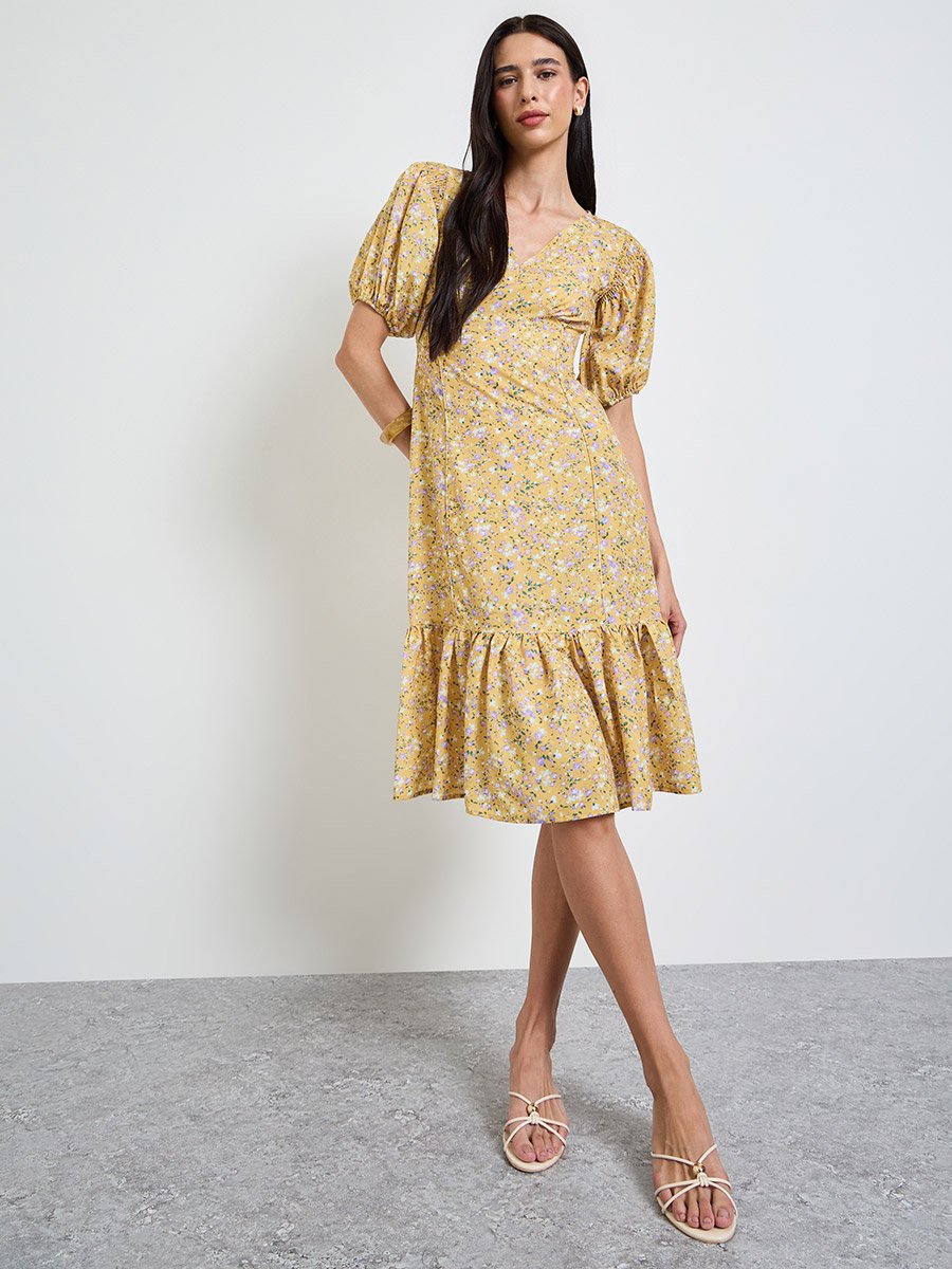 Multi-Color Floral Print Puff Sleeves Midi Dress