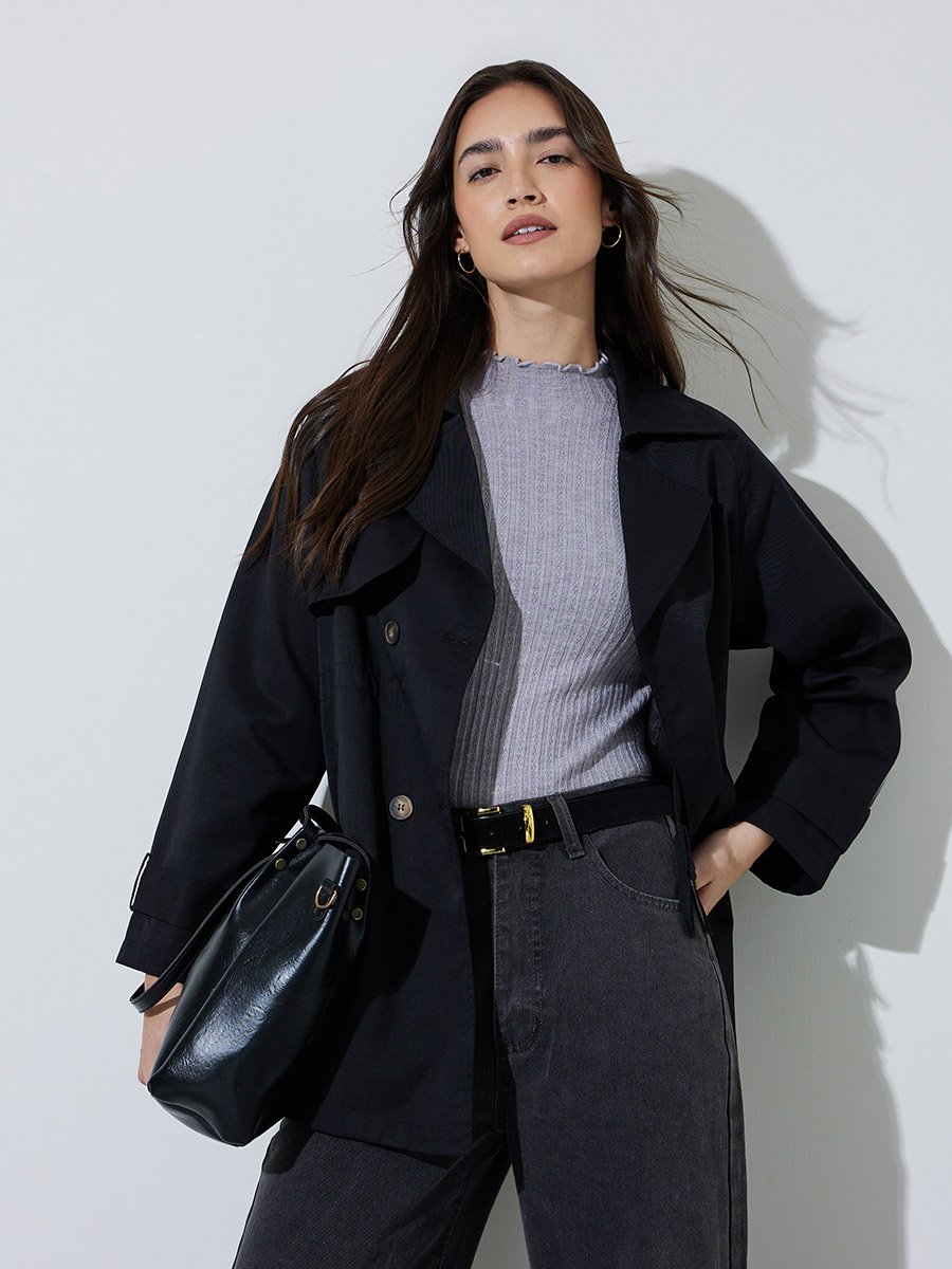 Black Button-Front Longline Trench Coat