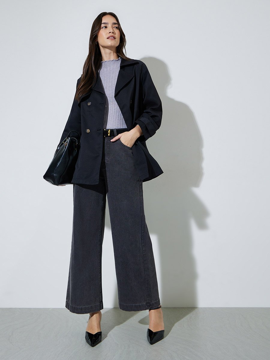 Black Button-Front Longline Trench Coat