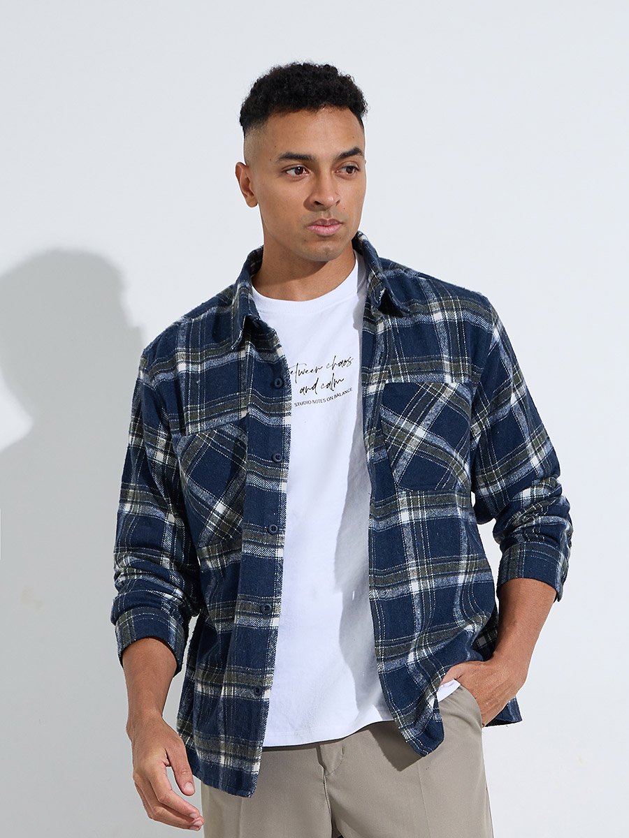 Navy Blue Checked Pocket Detail Oversized Shacket