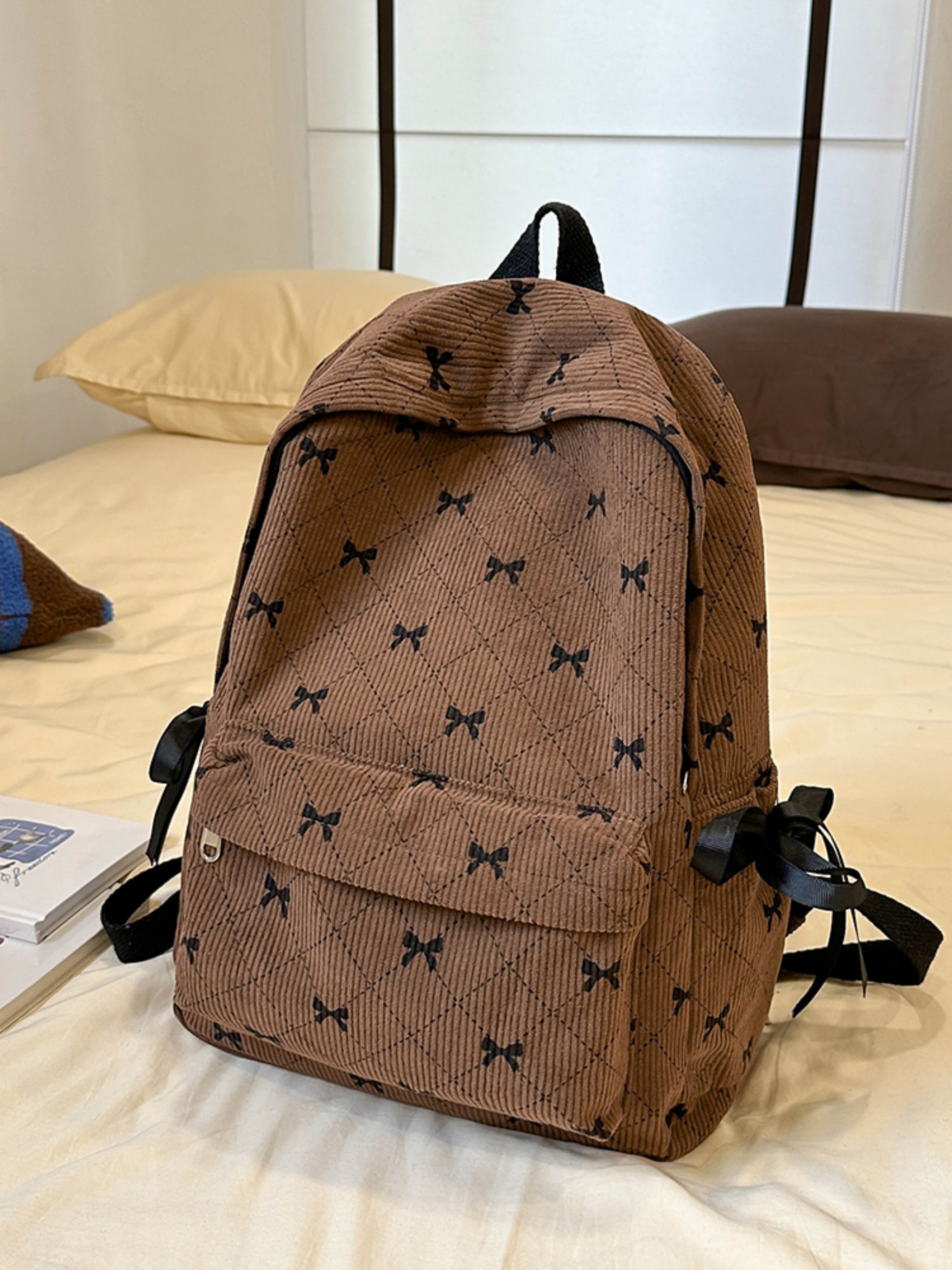Coffee Brown Corduroy Bow Backpack
