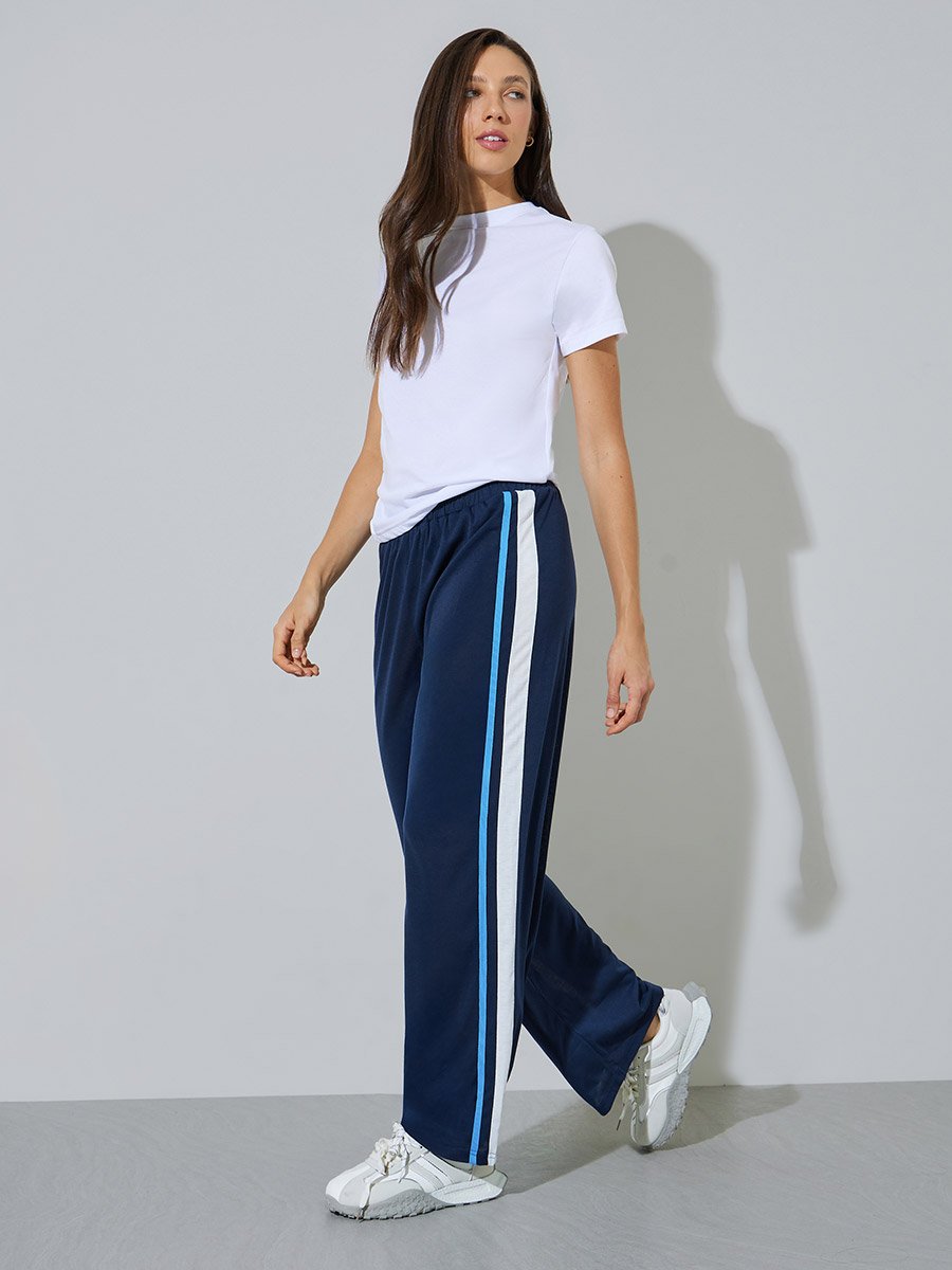 Dark Blue Side Stripe Wide Leg Joggers