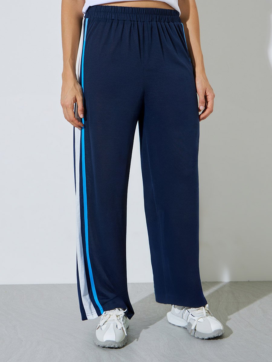 Dark Blue Side Stripe Wide Leg Joggers