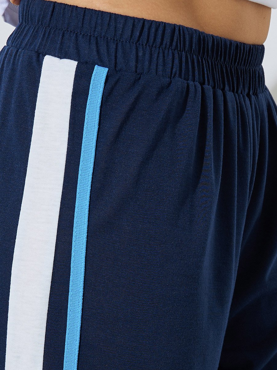 Dark Blue Side Stripe Wide Leg Joggers