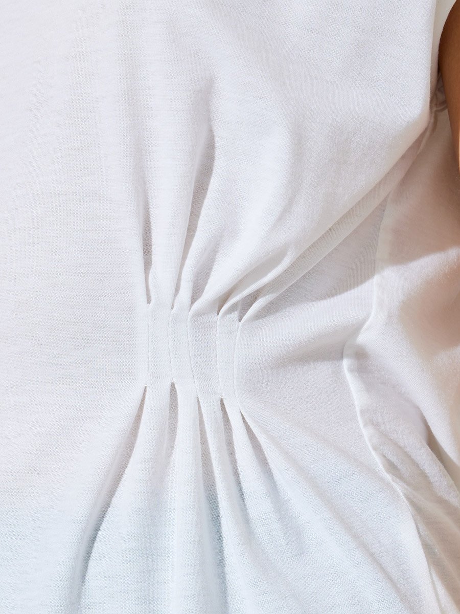 White Round Neck Fold Pleat T-Shirt