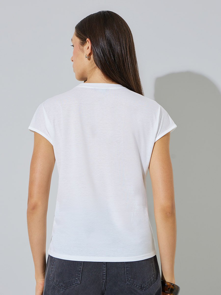 White Round Neck Fold Pleat T-Shirt
