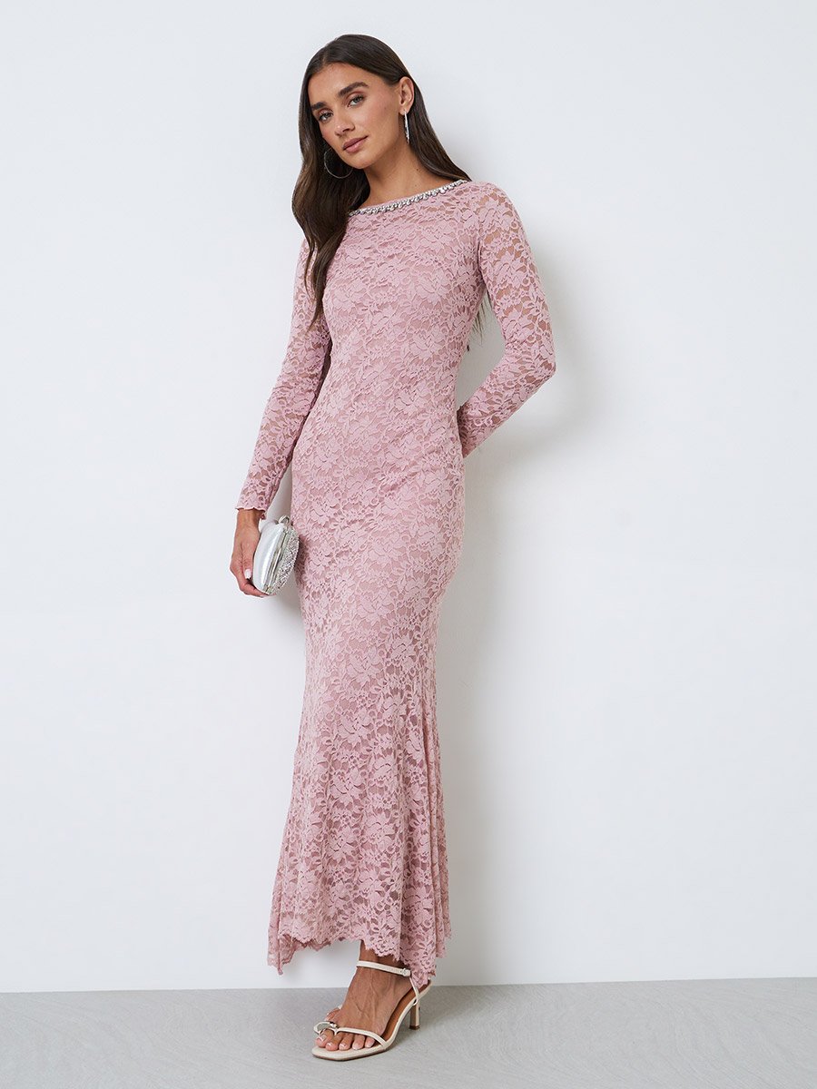 Pink Lace Mermaid Hem Maxi Dress with Embellishment