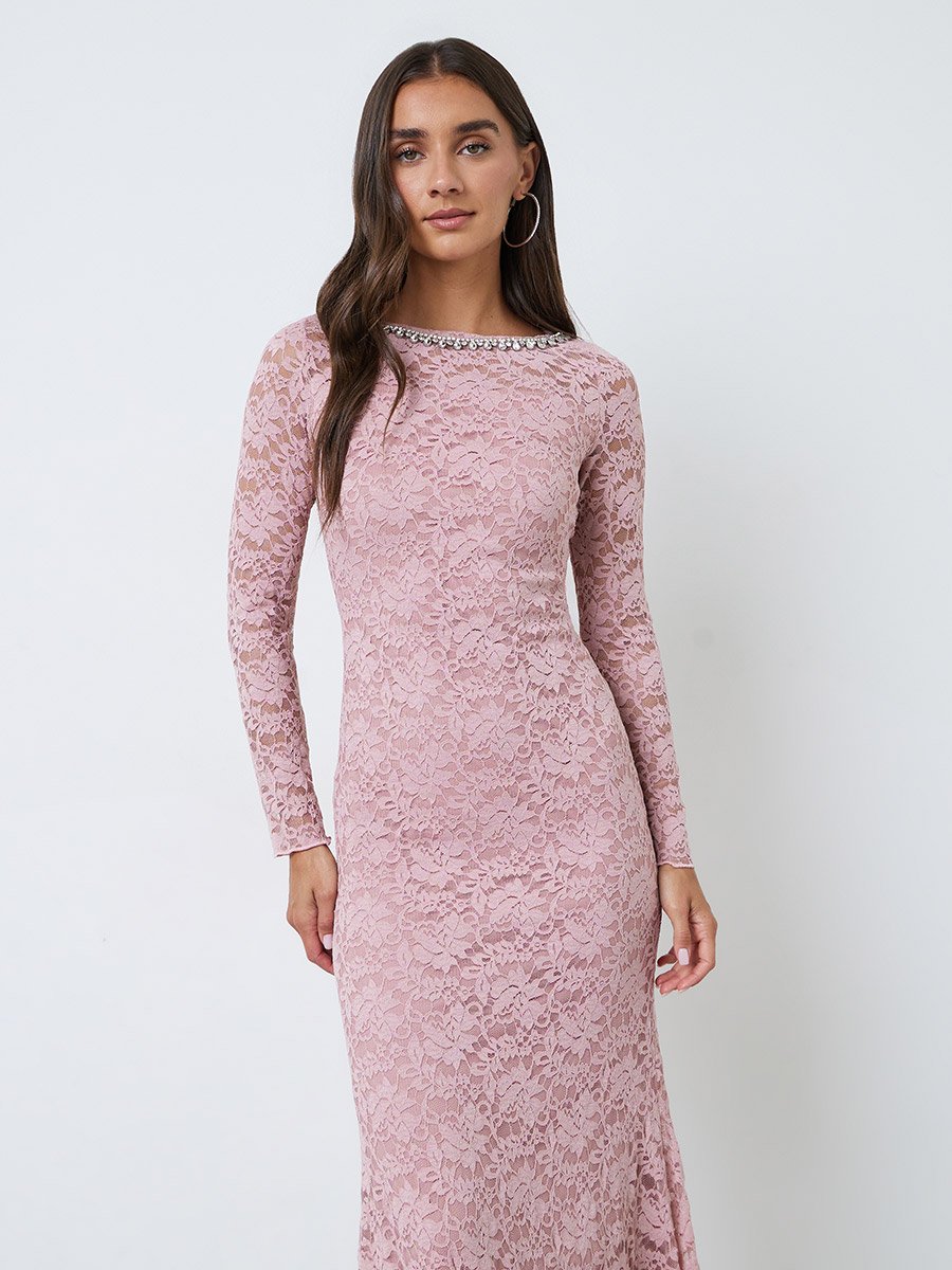 Pink Lace Mermaid Hem Maxi Dress with Embellishment