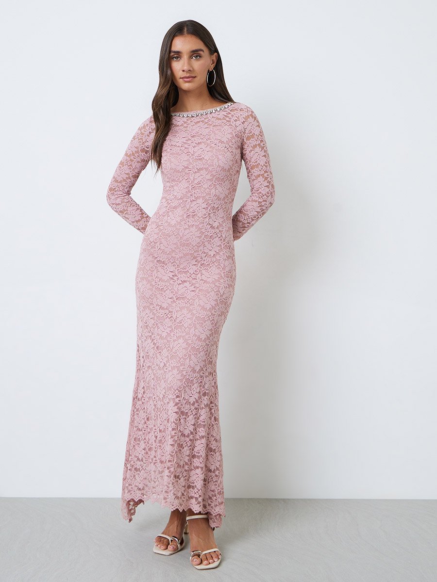 Pink Lace Mermaid Hem Maxi Dress with Embellishment