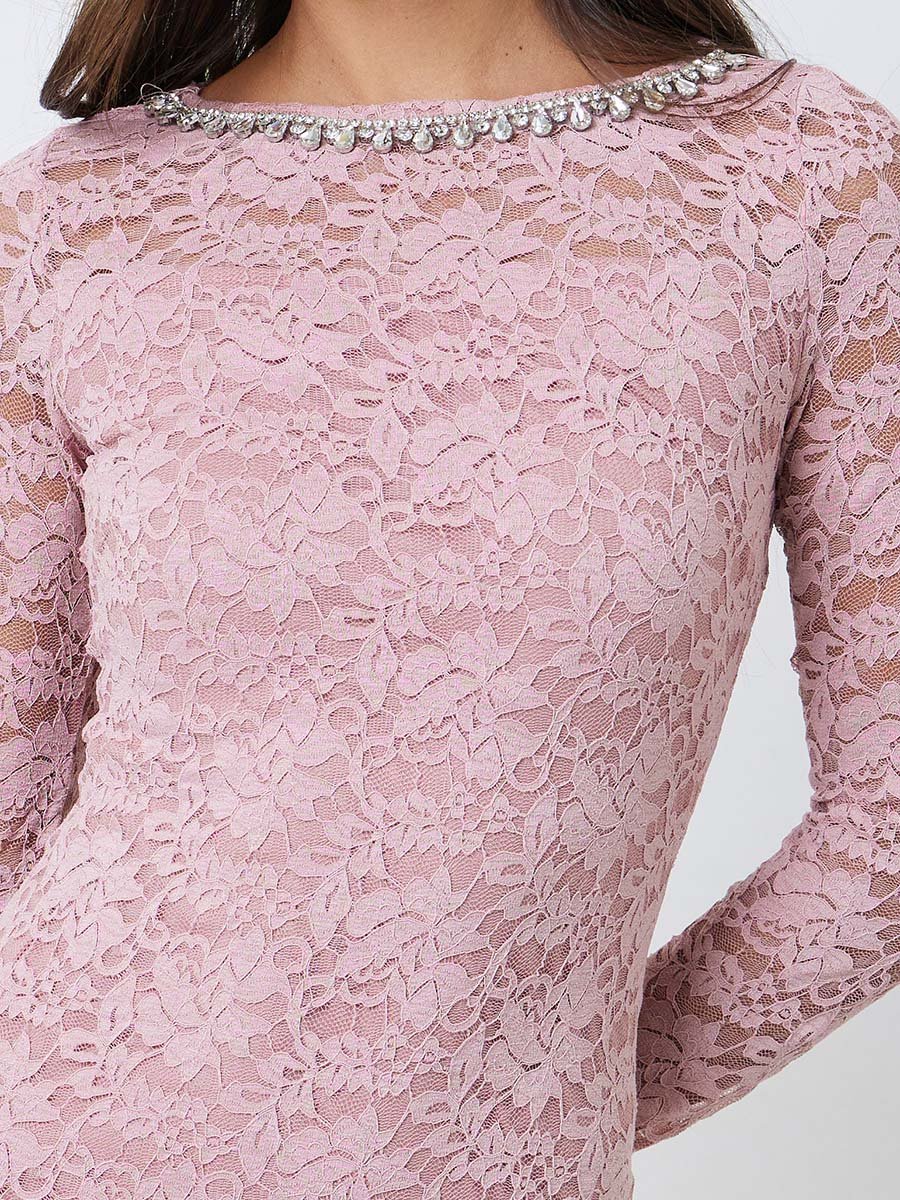 Pink Lace Mermaid Hem Maxi Dress with Embellishment