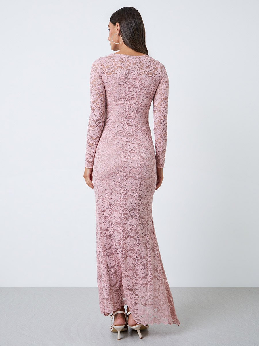 Pink Lace Mermaid Hem Maxi Dress with Embellishment