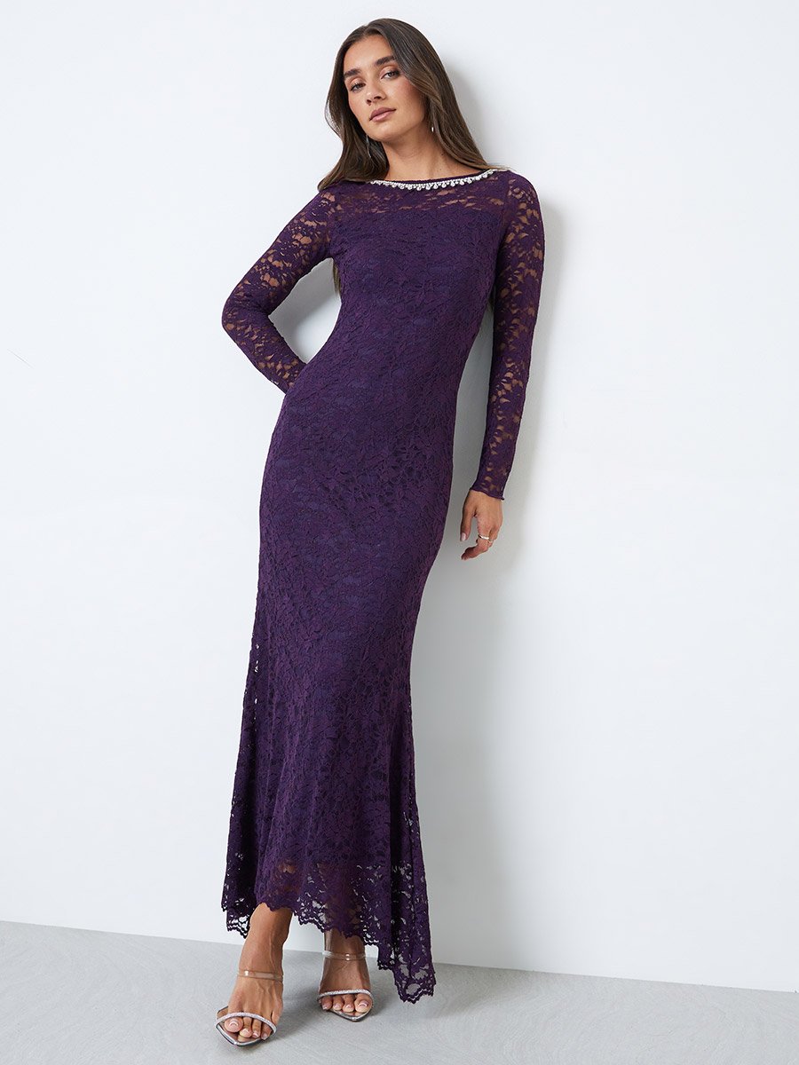Purple Lace Mermaid Hem Maxi Dress with Embellishment