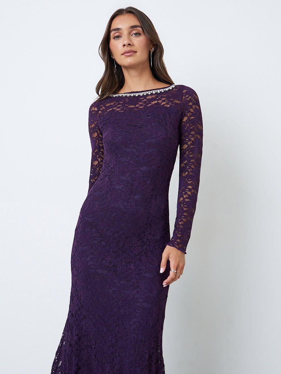 Purple Lace Mermaid Hem Maxi Dress with Embellishment