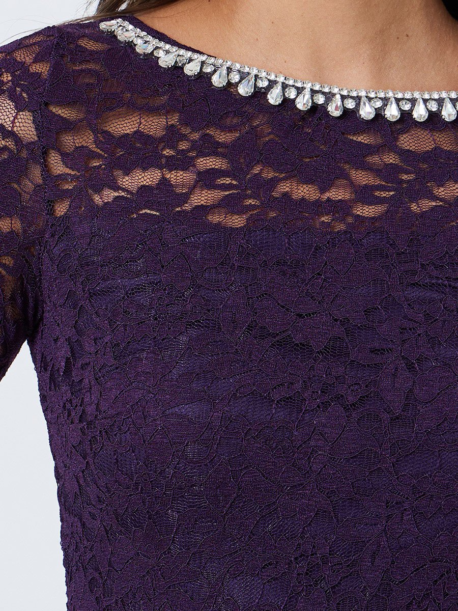 Purple Lace Mermaid Hem Maxi Dress with Embellishment